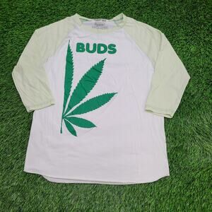 Ganja 420 Marijuana Buds Raglan Shirt Womens L 21x28 White Weed